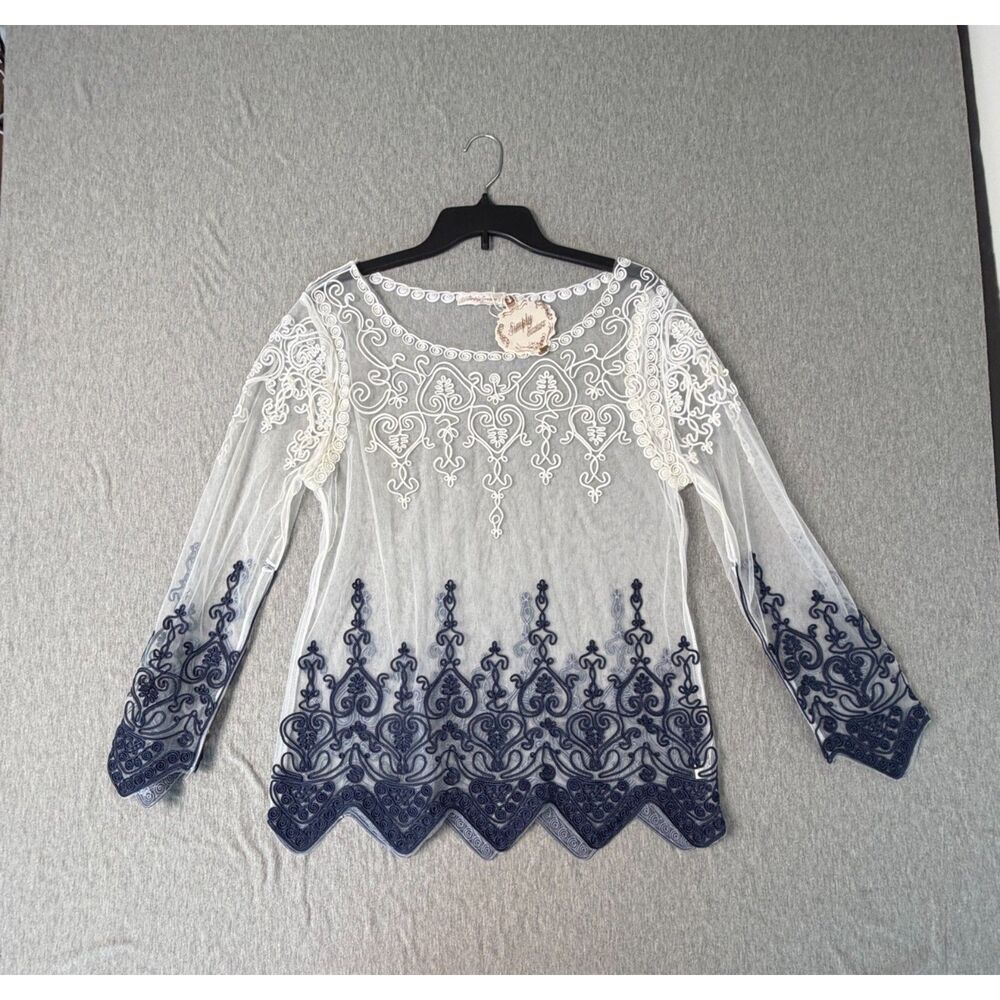 NWT Simply Couture Womens Top Sz S Sheer Mesh Navy Embroidered Boho Victorian
